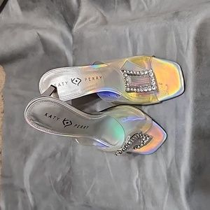 Katy Perry lavissh clear rhinestone buckle heeled sandal mules